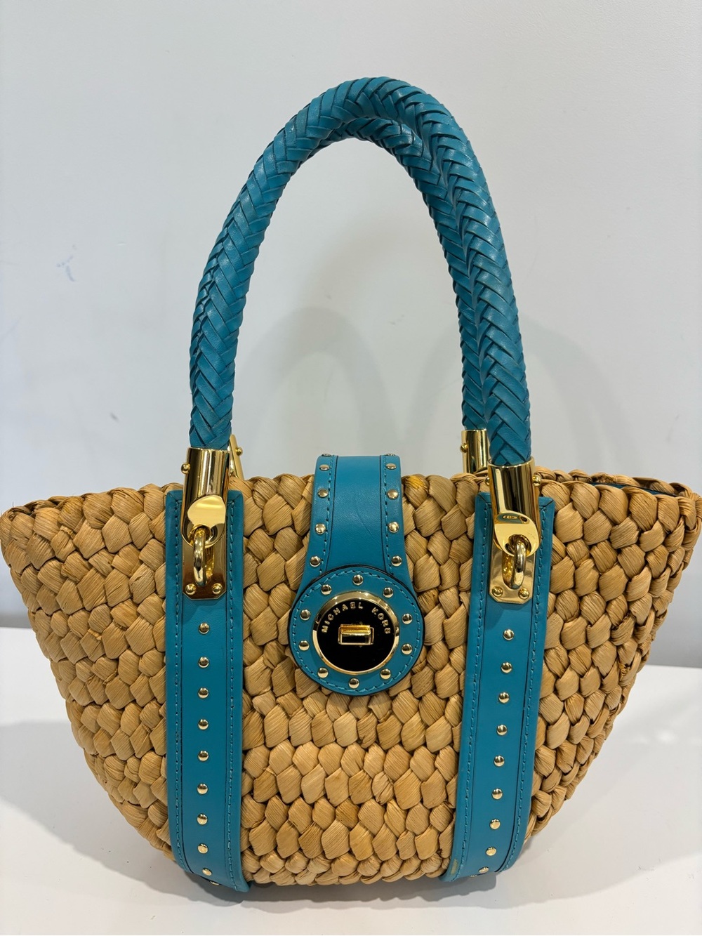 Michael Kors Turquoise-Trim Braided Handle Straw Tote